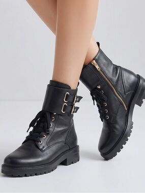VERSACE COLLECTION | Black & Gold Double Buckle Combat Moto Boots Women’s 37 (7)